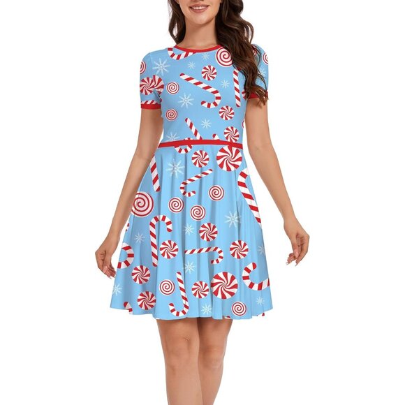 Women Ugly Christmas Santa Dress Blue Candy Cane Holiday Print Dress for Xmas - Picture 4 of 5